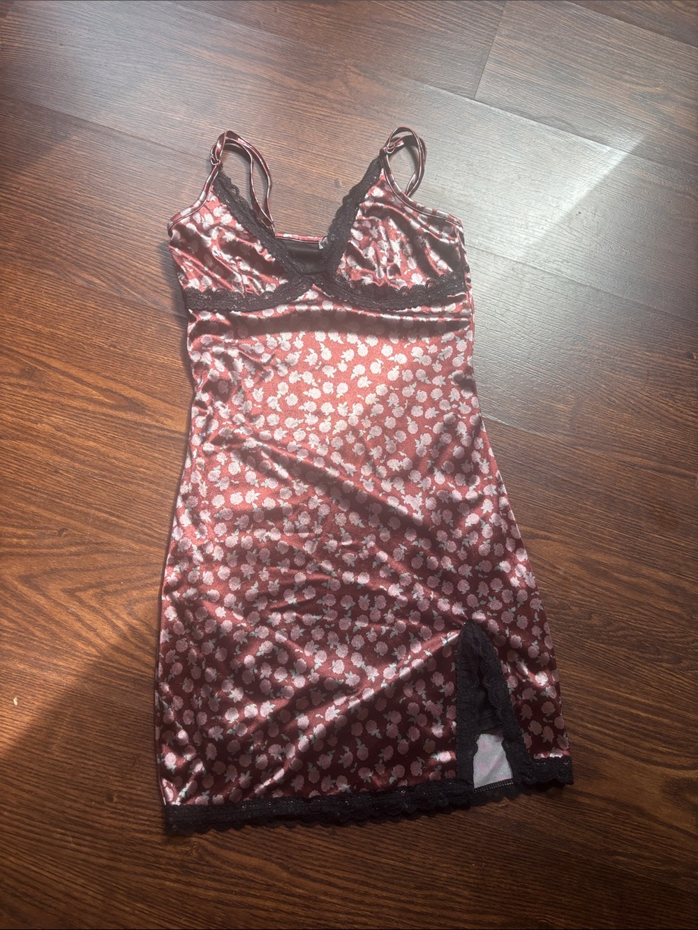 Garage Silky Rose Floral Slip Dress with Black Lace Trim